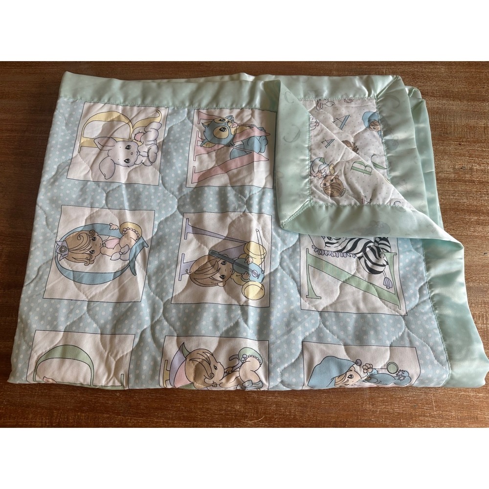 Precious Moments Alphabet Animal Quilted Baby Blanket Blue Satin Trim Reversible - Picture 2 of 7